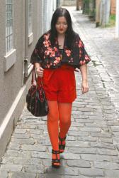 Orange tights and kimono style jacket