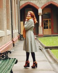 vintage grey coat and mustard scarf