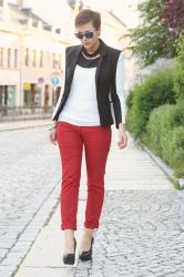 two tone blazer and red pants