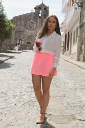 Studded shirt & pink skirt