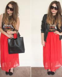 red chiffon maxi skirt