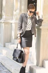hearted blouse and military jacket