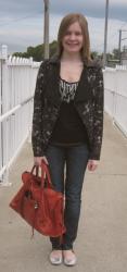 Printed Jacket, Sequin Tank, Jeans, Silver Flats, Balenciaga Work