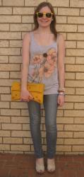 Grey Singlet, Skinny Jeans, Cream Wedges, Balenciaga Envelope Clutch