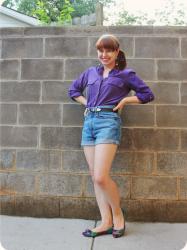 Denim Shorts, Purple Blouse, & Snake Print Flats