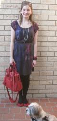 Jeanswest Printed Dress, Braided Belt, Red Suede Flats, Balenciaga Velo