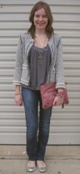 Zara Frayed Cardi, Grey Top, Jeans, Silver Flats, Balenciaga Rose Bruyere Clutch and Bracelet