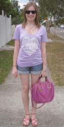 Lilac Screen Print Tee, Jeanswest Denim Shorts, Rebecca Minkoff Sandals, Chloe Ethel Bag