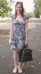 French Connection Blue Paisley Printed Dress, Silver Flats, Marco Tagliaferri Bag