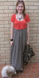 Orange Tee, Striped Pleated Maxi Skirt, Studded Flats, Balenciaga Part Time Bag