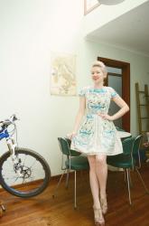 blue print dresses, matching bikes and vintage lamp shades