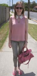 PInk Embelished Collar Top, Grey Leopard Print Jeans, Pink Thongs, Balenciaga City Bag