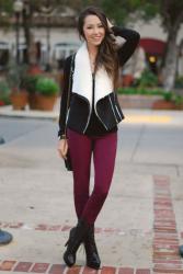 Shearling Vest + Burgundy Denim