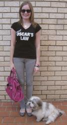 Oscar's Law Tee, Grey Skinny Jeans, Marc By Marc Jacobs Studded Mouse Flats, Balenciaga Magenta Work