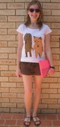 Cat and Dog graphic Tee, Brown Cuffed Shorts, Neon Pink Studded Clutch, Asos Sandals