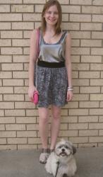 New Year's Eve Outfit: Metalic Singlet, Paisley Skirt, Silver Sandals, MbMJ Karlie Bag