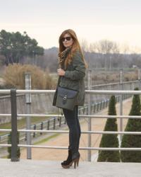 GREEN PARKA, JEANS + WHITE BLOUSE