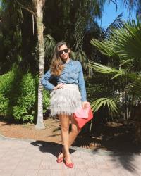 Feather Skirt & Denim Shirt.