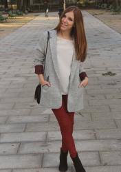 Grey coat and red pants