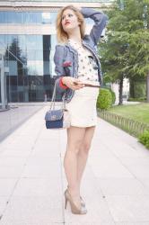 DENIM BLAZER  AND TWEED SKIRT WITH STUDS