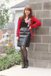 Leather Pencil Skirt, Bow Tights, & a Red Cardigan