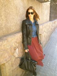 Long skirt & denim shirt