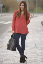 Orange shirt and statement necklace