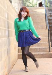 Green Vintage Sweater & a Houndstooth Skirt