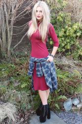 maroon dress, checked jumper & heels