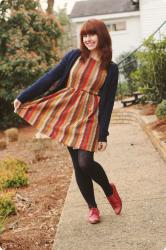 Chevron Print Dress, Navy Blue Cardigan, & Red Oxfords