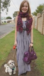 Scarf, Boots, Grey Maxi Dress, Balenciaga City | Tee, Red Skinny Jeans, Chloe Cross Body Bag