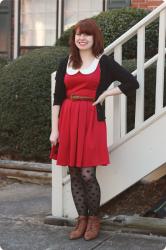 Red Dress, Polka Dot Tights, & Brown Vintage Boots