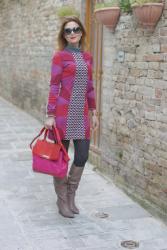 Fuchsia and red mini dress, taupe boots