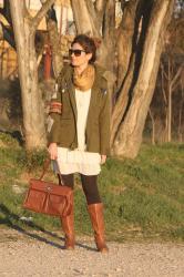 GREEN PARKA AND WHITE DRESS