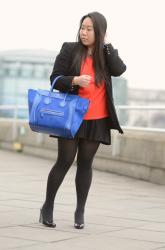 Red top and Blue Celine handbag 