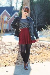 Striped Shirt, Maroon Skater Skirt, & a Borrowed Jean Jacket