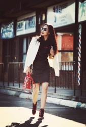 Sporty Style: Biker Jacket + Leather Dress + Sneakers