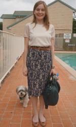 Metallic Tee, Lace Pencil Skirt, Rocco Bag | Floral and Skull Scarf, Printed Tank, Jeans, Balenciaga Sorbet City