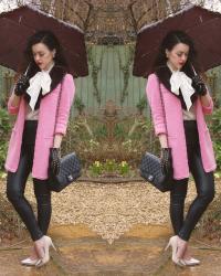 Pink Boucle Jacket / Oversized Bow Blouse / Faux Fur Collar