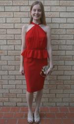 Red Peplum Dress, Wedges, Chloe Clutch |  Grey Tank, Metallic Lace Skirt, RM Mini MAC Aquamarine