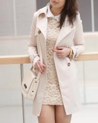 TRENCH COAT & NUDE LACE DRESS