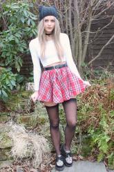 tartan skirt, a hoody & stockings