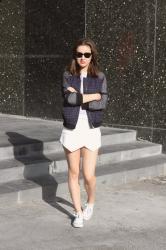 white skort & bomber jacket