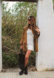 parka + dress + boots