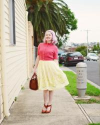 a yellow vintage dress, a change in the weather and the perfect vintage cardigan