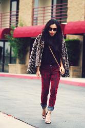 Print on Print: Leopard Coat + Brocade Jeans + Golden Ankle Sandals