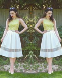 Pale Yellow Jacquard Crop Top / White Midi Skirt with Mesh Panel