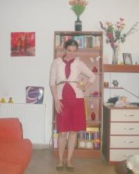 Deep Red Shirtdress and Pale Pink Ruffled Cardigan.