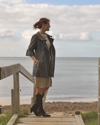 wheat dress, grey coat