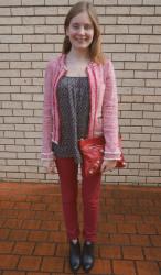 Zara Blazer, Printed Singlet, Red Skinny Jeans, Balenciaga Sang Clutch | Khaki Tee, Jeans, Rebecca Minkoff Aqua Mini MAC